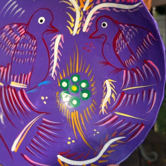 Talavera Mexican Pottery Salsa Bowl Footed Hand Painted Trinket Red Purple Birds - Picture 8 of 16